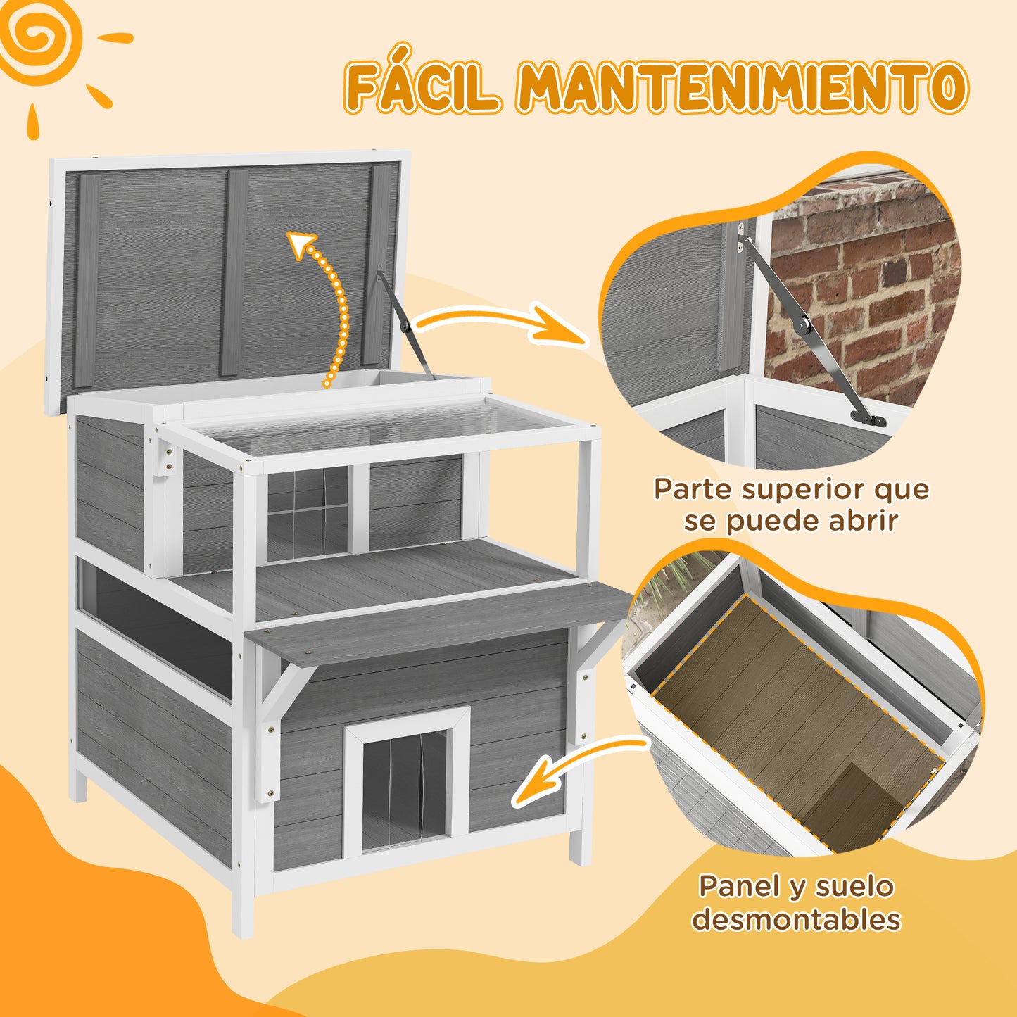 Pawhut Caseta Para Gatos De Madera Con Techo Asfáltico 64x87x76 Cm Gris Claro_5