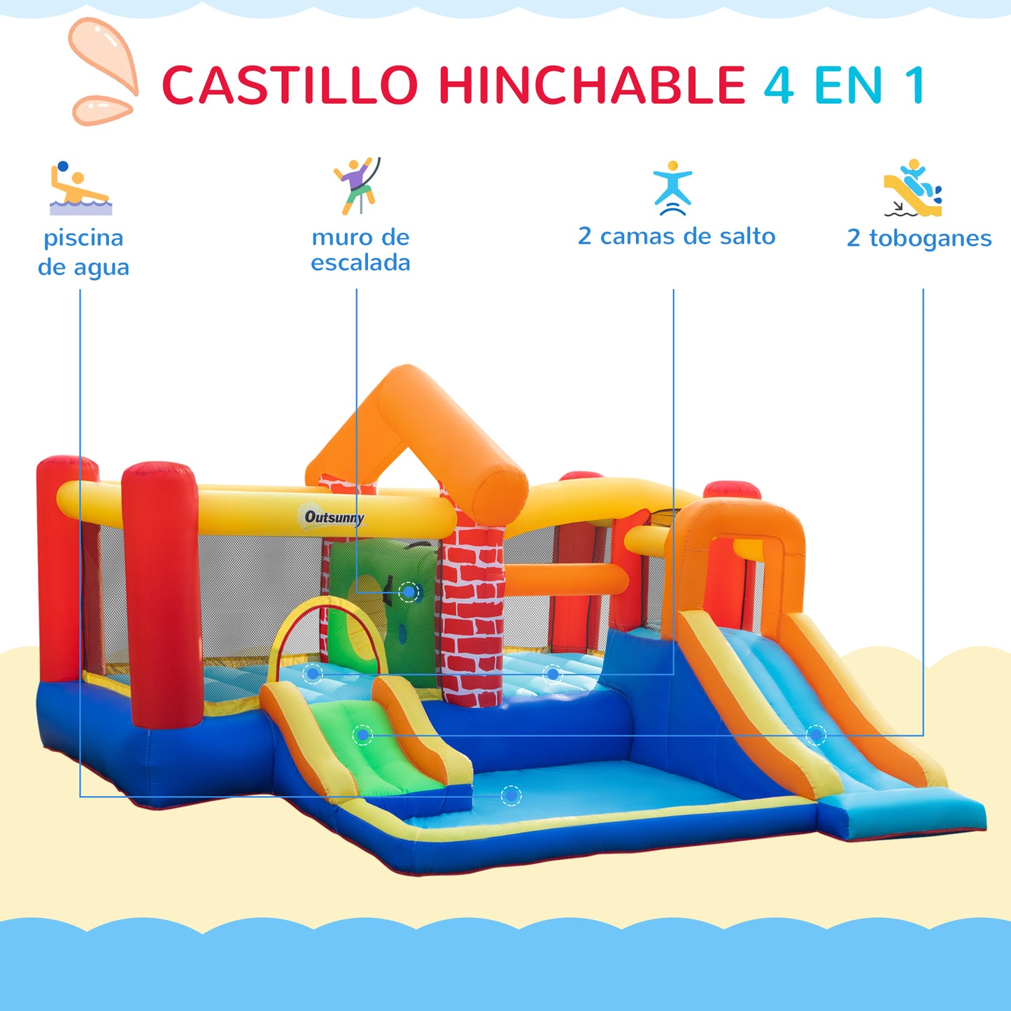 Outsunny Castillo Hinchable Con 2 Toboganes 2 Camas Salto Piscina 380x370x230 Cm_3