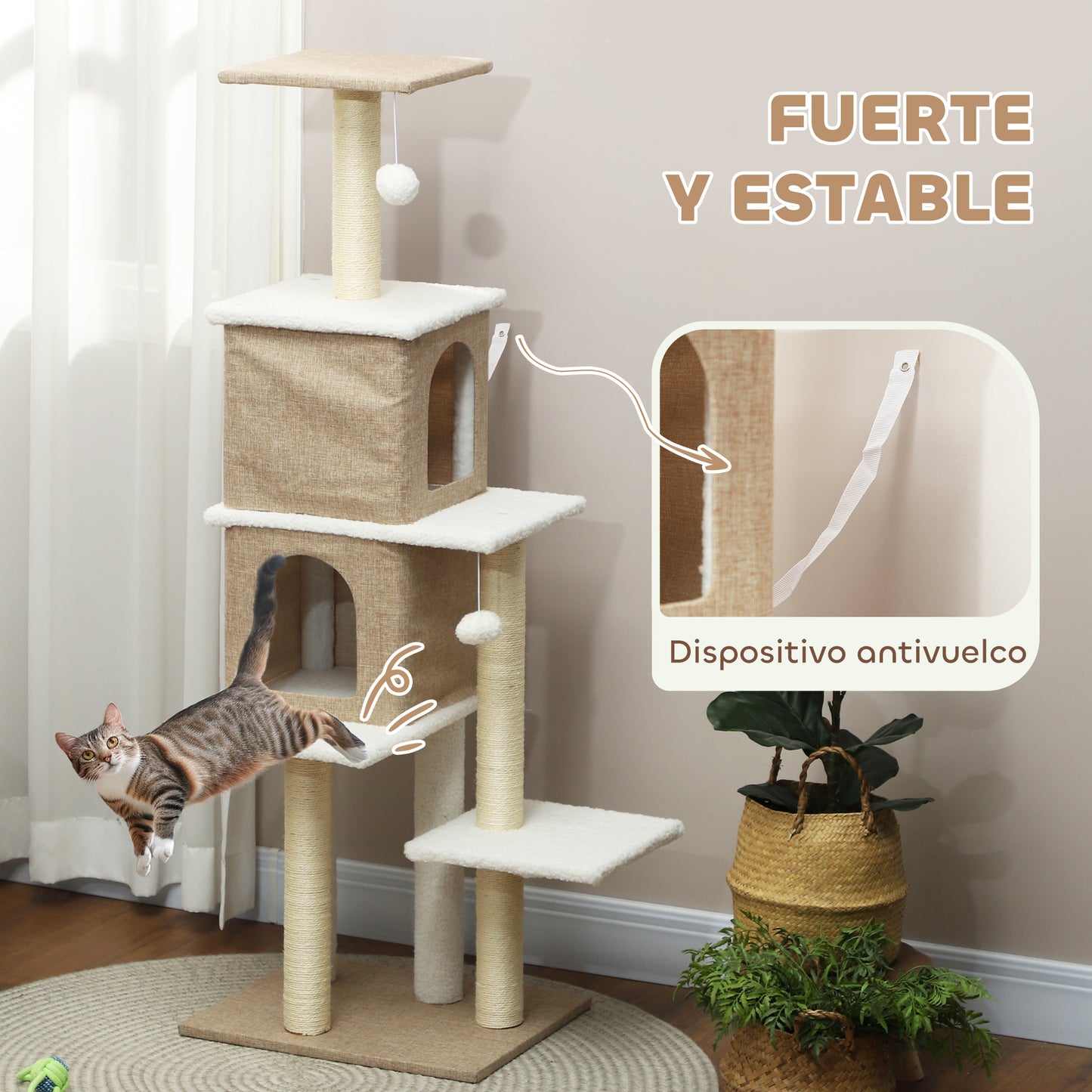 Pawhut Árbol Rascador Para Gatos Altura 140 Cm Con 2 Nidos Marrón Claro_5