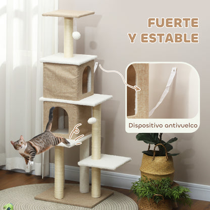 Pawhut Árbol Rascador Para Gatos Altura 140 Cm Con 2 Nidos Marrón Claro_5