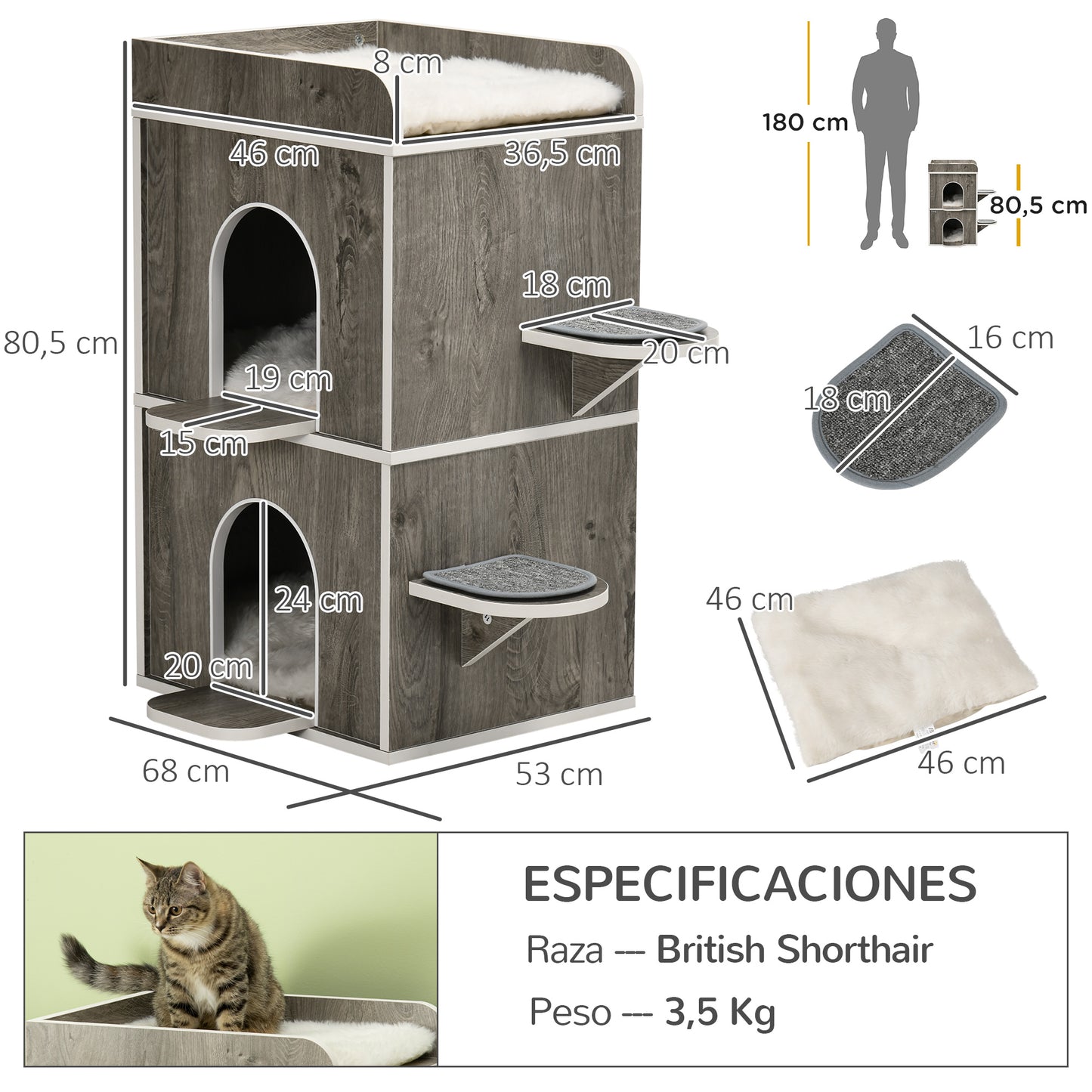 Pawhut Caseta Para Gatos De Madera Con 3 Cojines 2 Orificios 68x53x80,5 Cm Gris_2