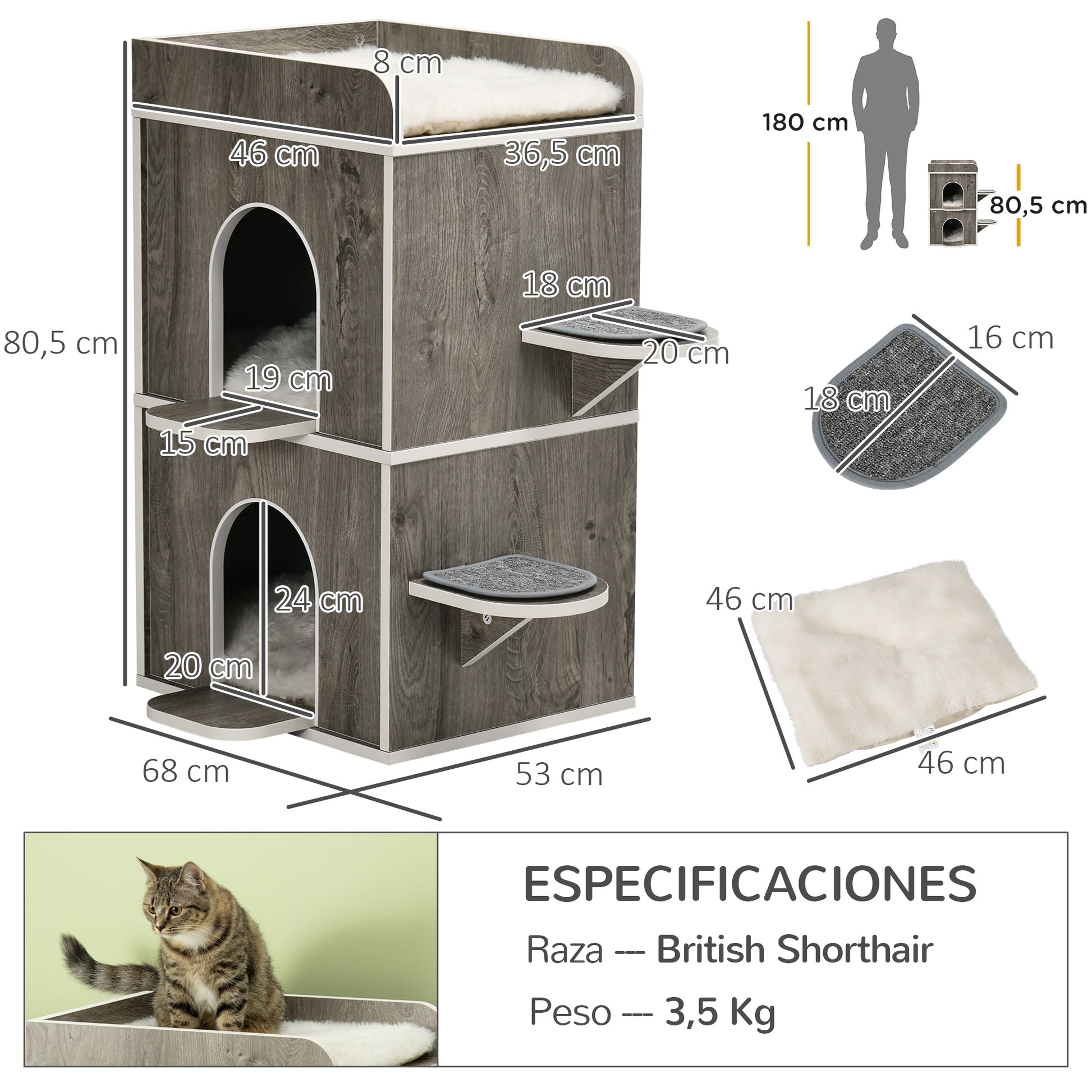 Pawhut Caseta Para Gatos De Madera Con 3 Cojines 2 Orificios 68x53x80,5 Cm Gris_2