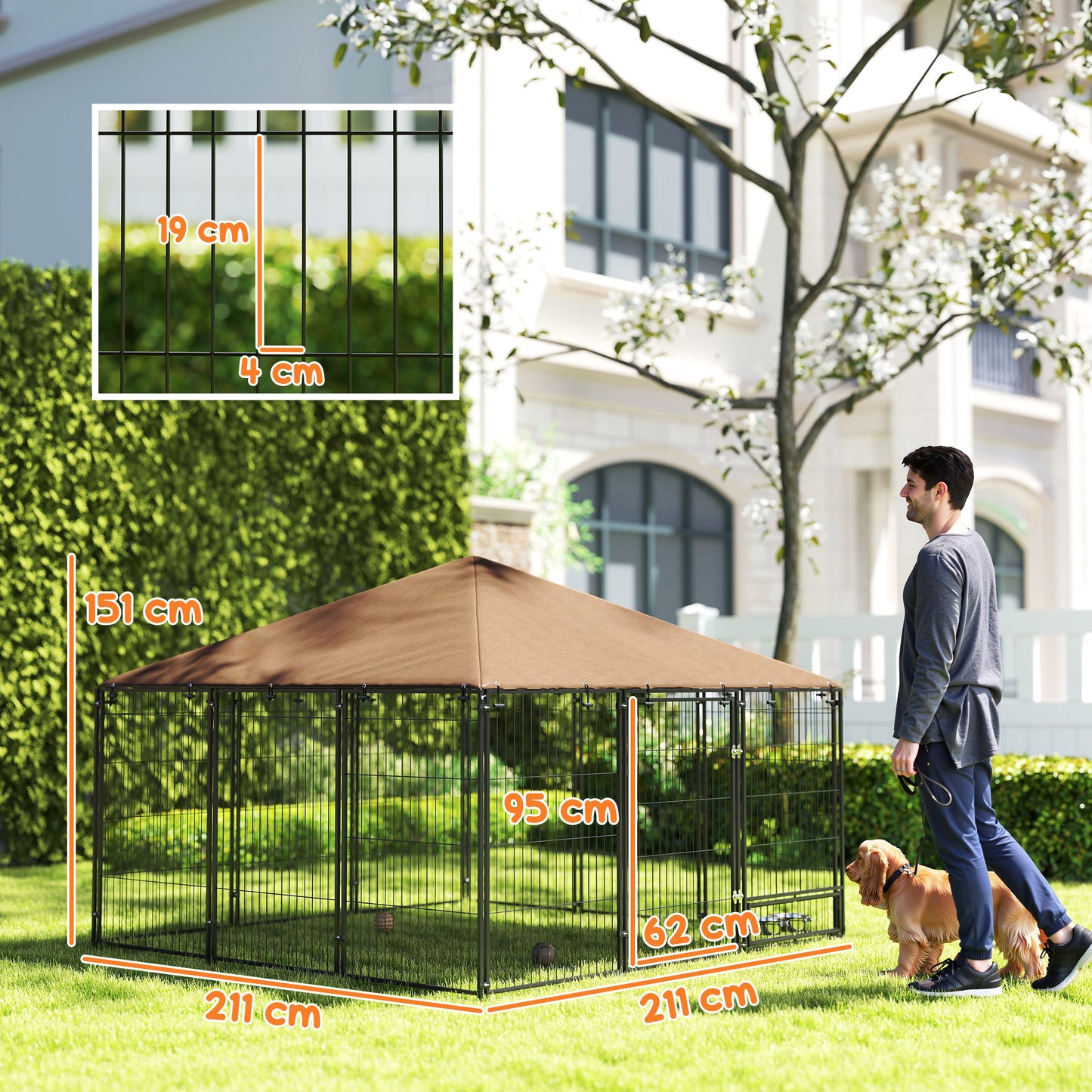 Pawhut Perrera Con Toldo Y 2 Cuencos Para Exterior 211x211x151 Cm Negro Y Café_2