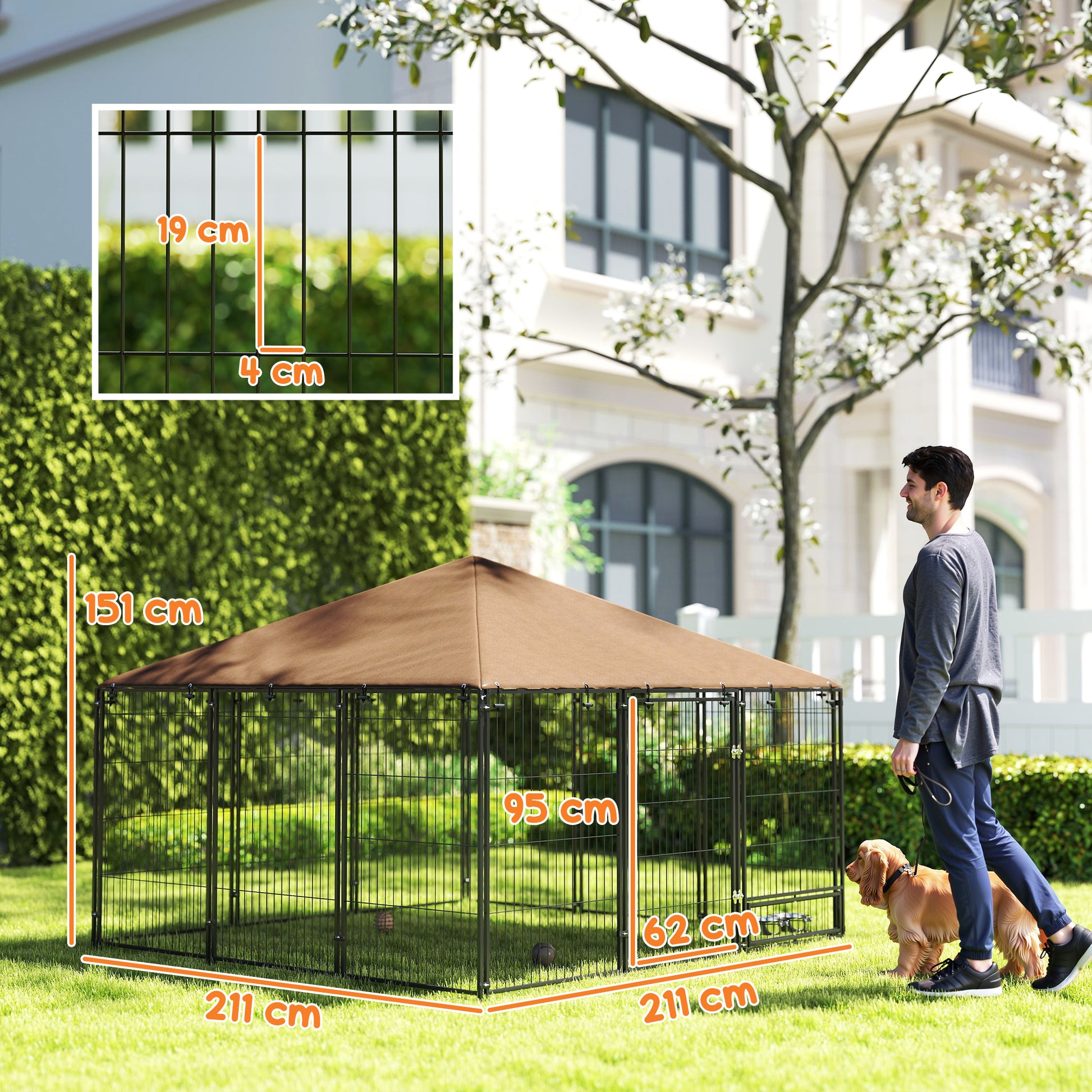 Pawhut Perrera Con Toldo Y 2 Cuencos Para Exterior 211x211x151 Cm Negro Y Café_2