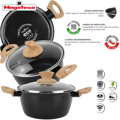 Batería Cocina Inducción 6 Piezas, Antiadherente Libre Pfoa, Exterior Negro Asas Efecto Madera Magefesa Orbe, Negro