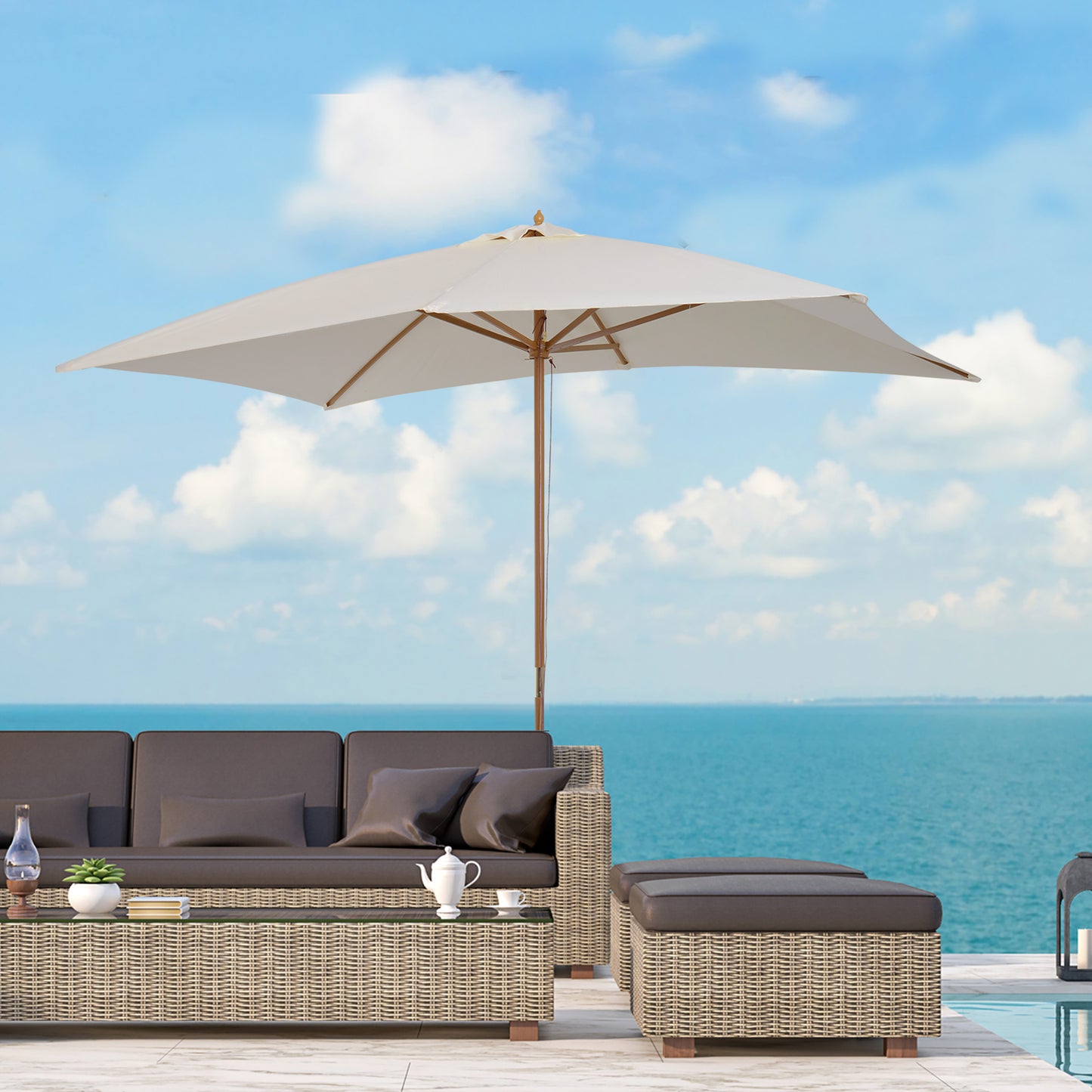 Outsunny Sombrilla Jardín 295x200cm Con Mástil De Madera Y Polea Crema_1