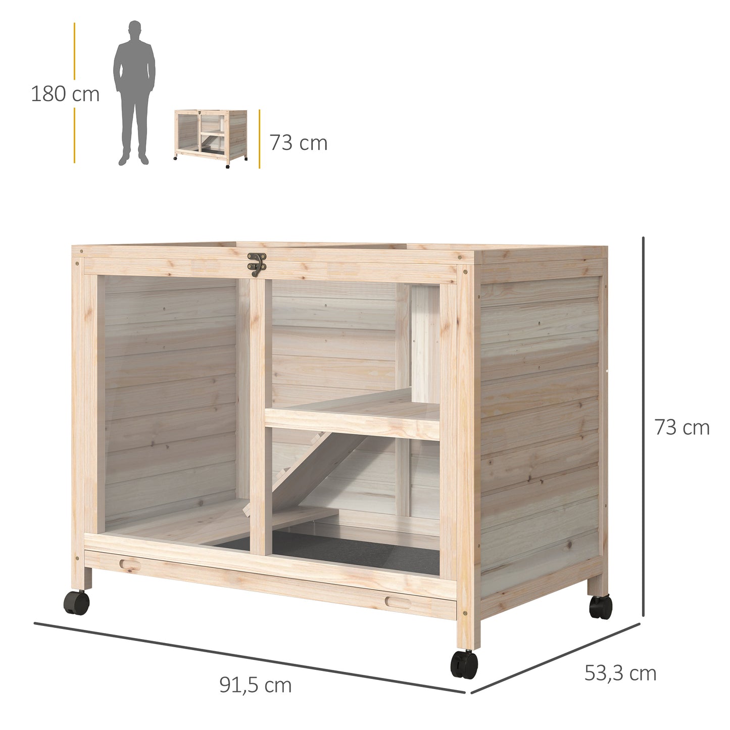 Pawhut Conejera De Madera Con Ruedas 91,5x53,3x73 Cm Techo Abatible Bandeja_2