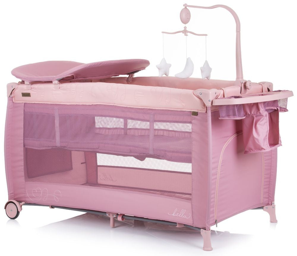 Cuna De Viaje Doble Altura Con Cambiador Y Carrusel Bella Rose Water_0