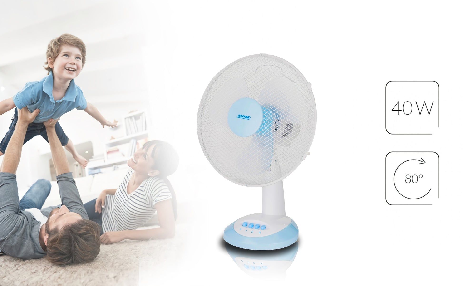Ventilador Portátil Sobremesa Oscilante 34 Cm, 3 Velocidades, Función Bloqueo Oscilación Mpm Mwp-16, Blanco