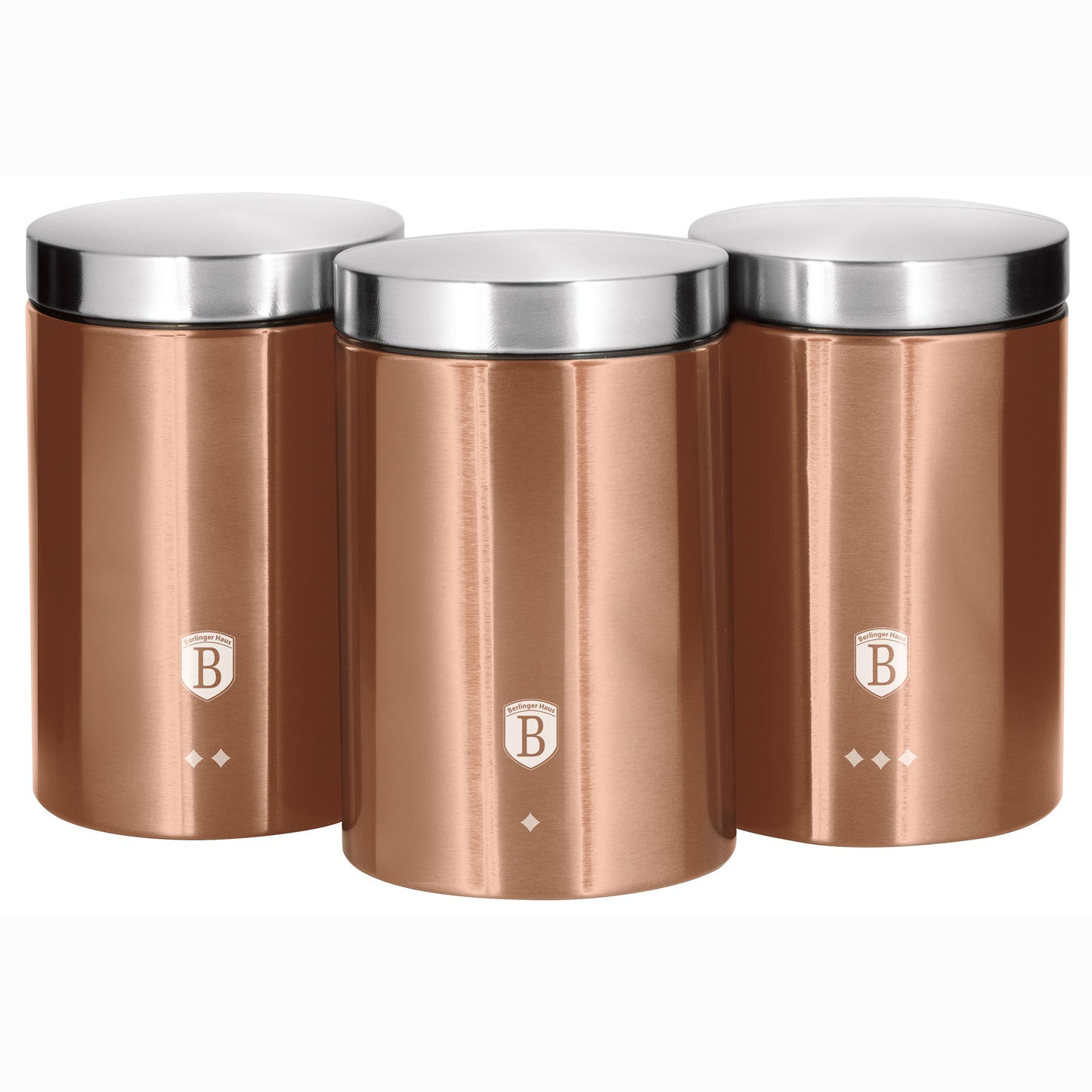 Set 3 Botes Cocina Almacenaje Acero Inoxidable, Diseño Moderno, Ø11x17,8cm Especias, Té ,café Berlinger Haus Rose Gold, Oro Rosado_0