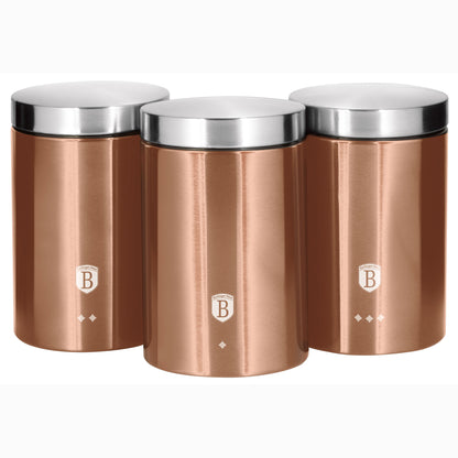 Set 3 Botes Cocina Almacenaje Acero Inoxidable, Diseño Moderno, Ø11x17,8cm Especias, Té ,café Berlinger Haus Rose Gold, Oro Rosado_0