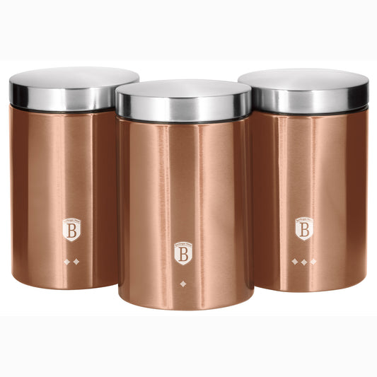 Set 3 Botes Cocina Almacenaje Acero Inoxidable, Diseño Moderno, Ø11x17,8cm Especias, Té ,café Berlinger Haus Rose Gold, Oro Rosado_0