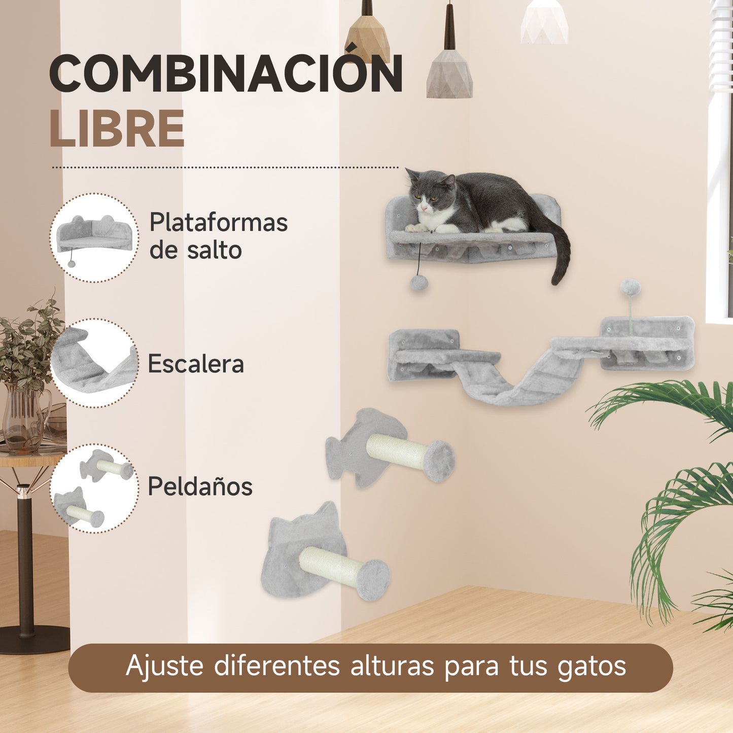 Pawhut Juego De Estanterías Para Gatos De 4 Piezas De Pared Beige_4