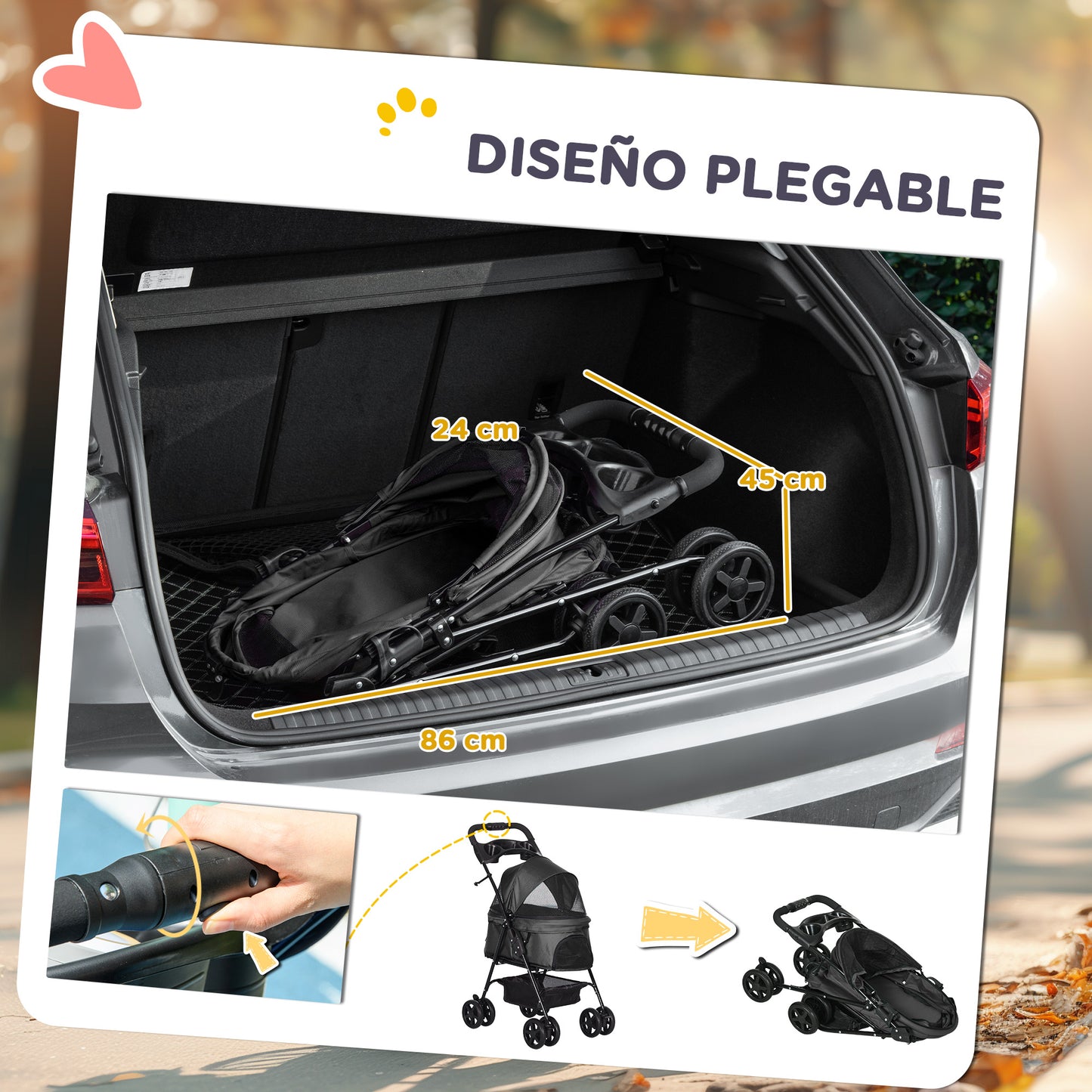 Pawhut Carrito Para Perros Plegable Con Cesta De Almacenaje 67x45x96 Cm Negro_4