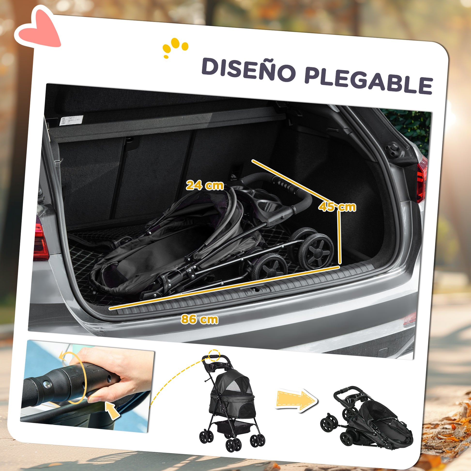 Pawhut Carrito Para Perros Plegable Con Cesta De Almacenaje 67x45x96 Cm Negro_4