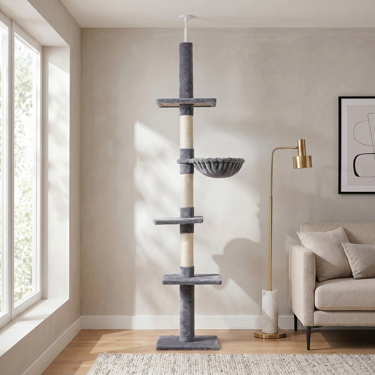 Pawhut Árbol Para Gatos De Suelo Al Techo De 230-260 Cm Con Plataformas Gris_1