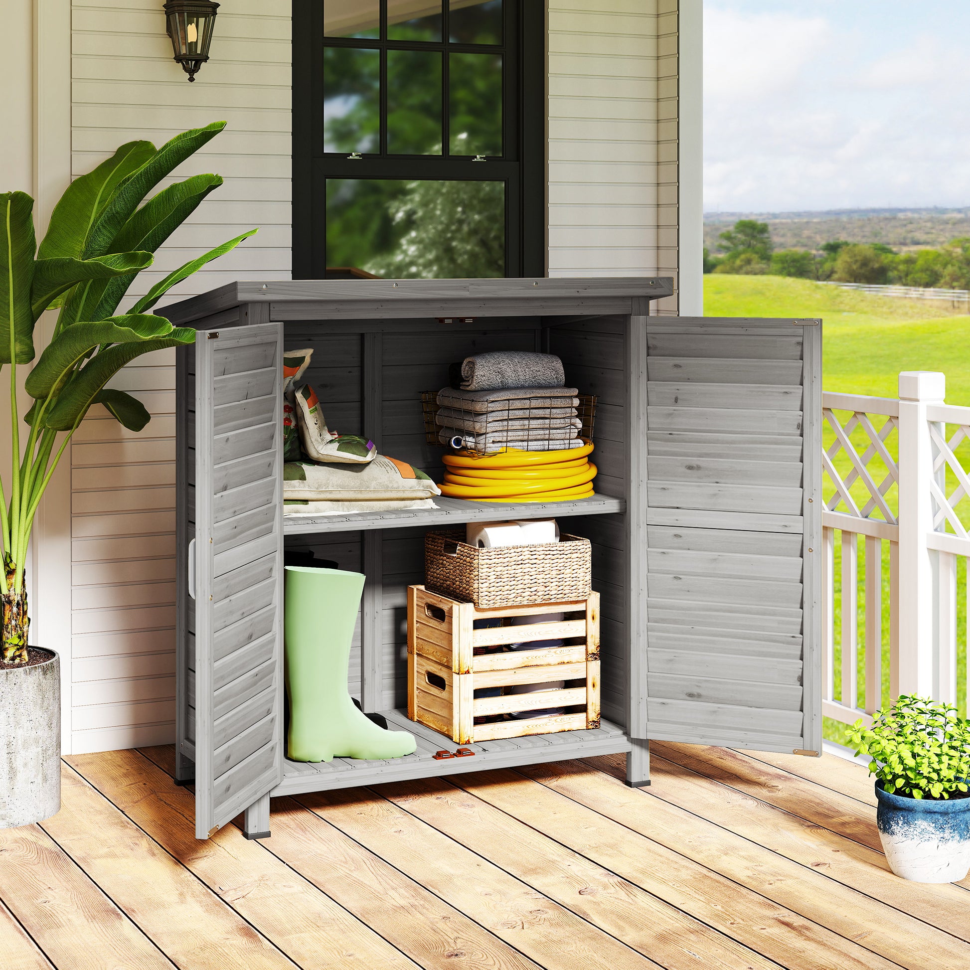 Outsunny Cobertizo Almacenamiento Madera Jardín 2 Estantes Interiores Gris_1