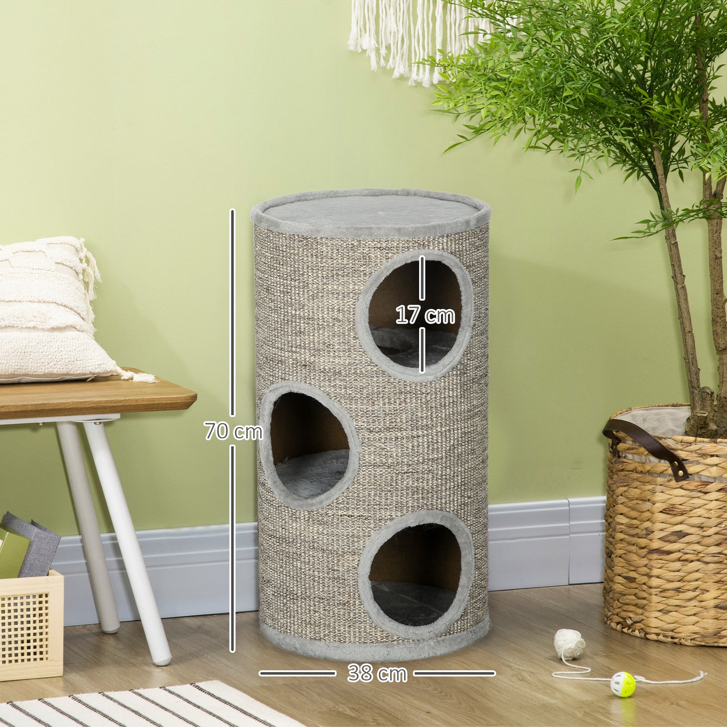 Pawhut Barril Rascador Para Gatos De 3 Niveles Ø38x70 Cm Gris Claro_2