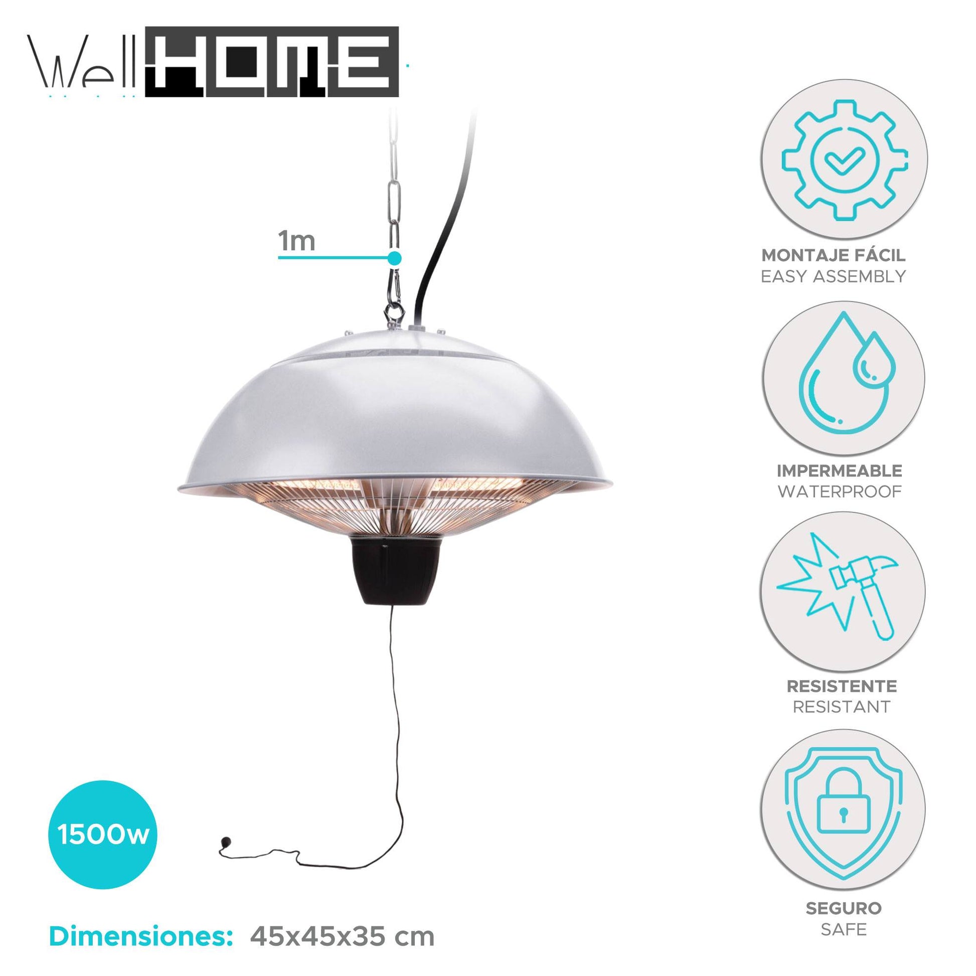 Well Home Calefactor De Patio Modelo Colgante Revestimiento Plata 45x45x35cm_1