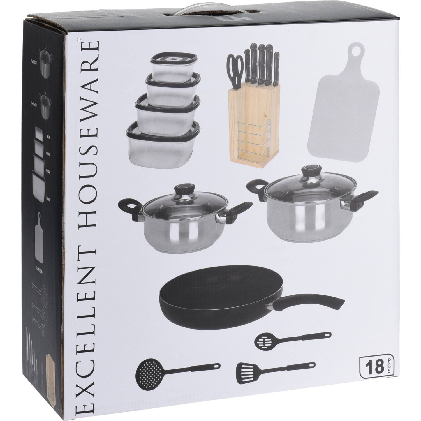 Well Home Batería De Cocina De 18pc (1x Sarten + 2 Cacerolas + 1 Tabla De Cortar + 1 Tijeras + 3 Utensilios De Nylon + 4 Tuppers + 1 Bloque De Madera_2