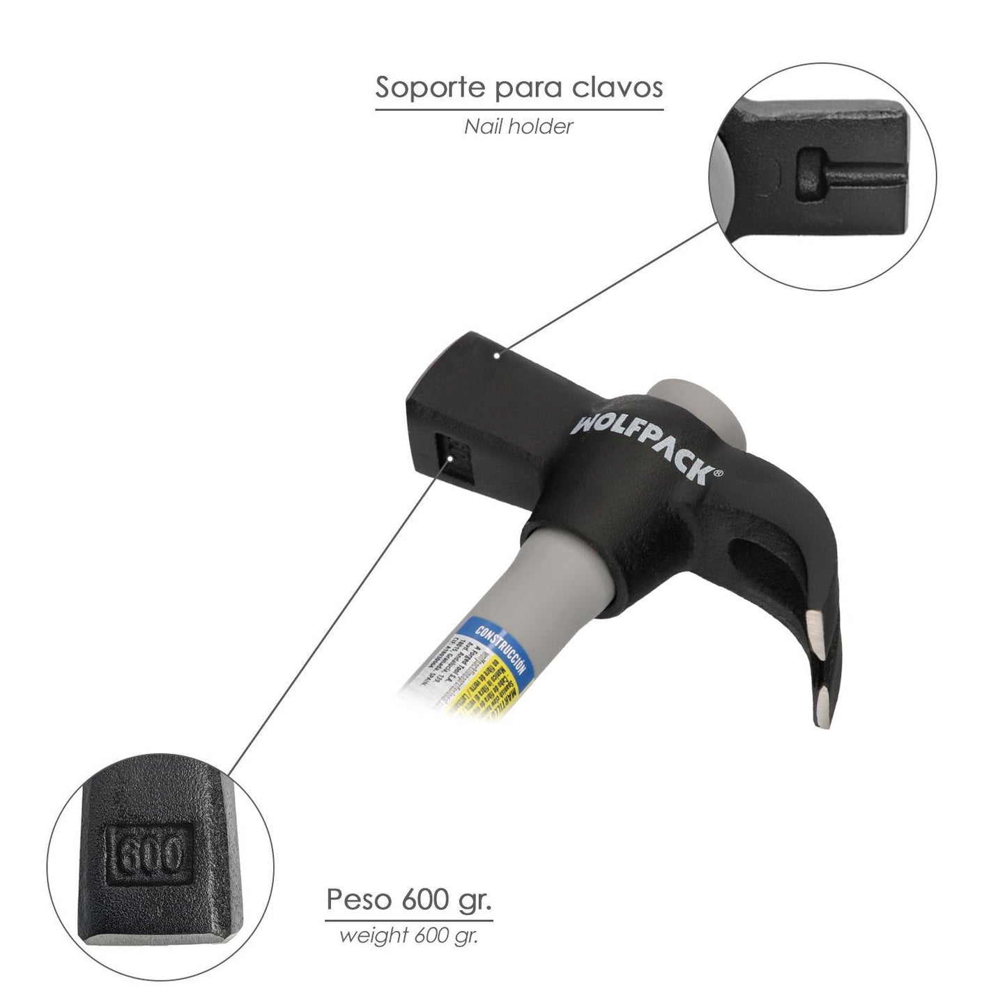 Martillo Uña Mango Fibra Vidrio Mango Fibra Vidrio Con Empuñadura Antideslizante. 600 Gramos 33 Cm.