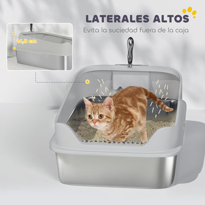 Pawhut Arenero Para Gatos De Acero Inoxidable Xxl Con Borde Alto 70x50x30cm Gris_5