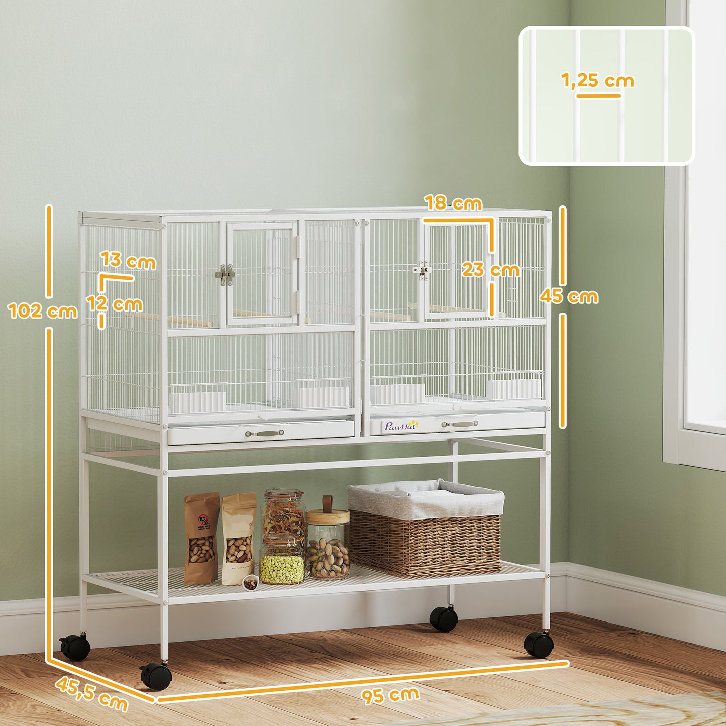 Pawhut Jaula Para Pájaros Con Ruedas Comederos Estante 95x45,5x102 Cm Blanco_2