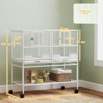 Pawhut Jaula Para Pájaros Con Ruedas Comederos Estante 95x45,5x102 Cm Blanco_2