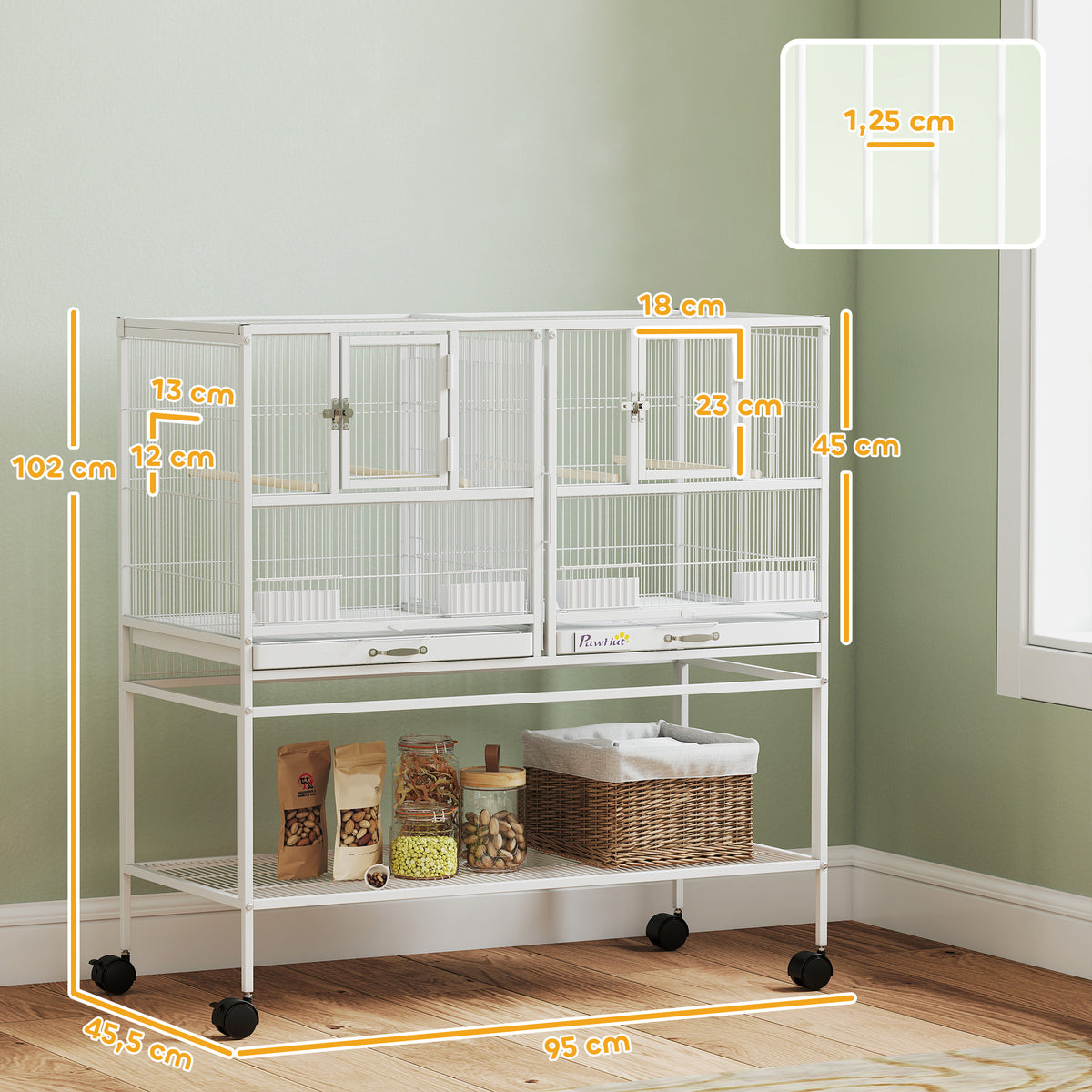 Pawhut Jaula Para Pájaros Con Ruedas Comederos Estante 95x45,5x102 Cm Blanco_2