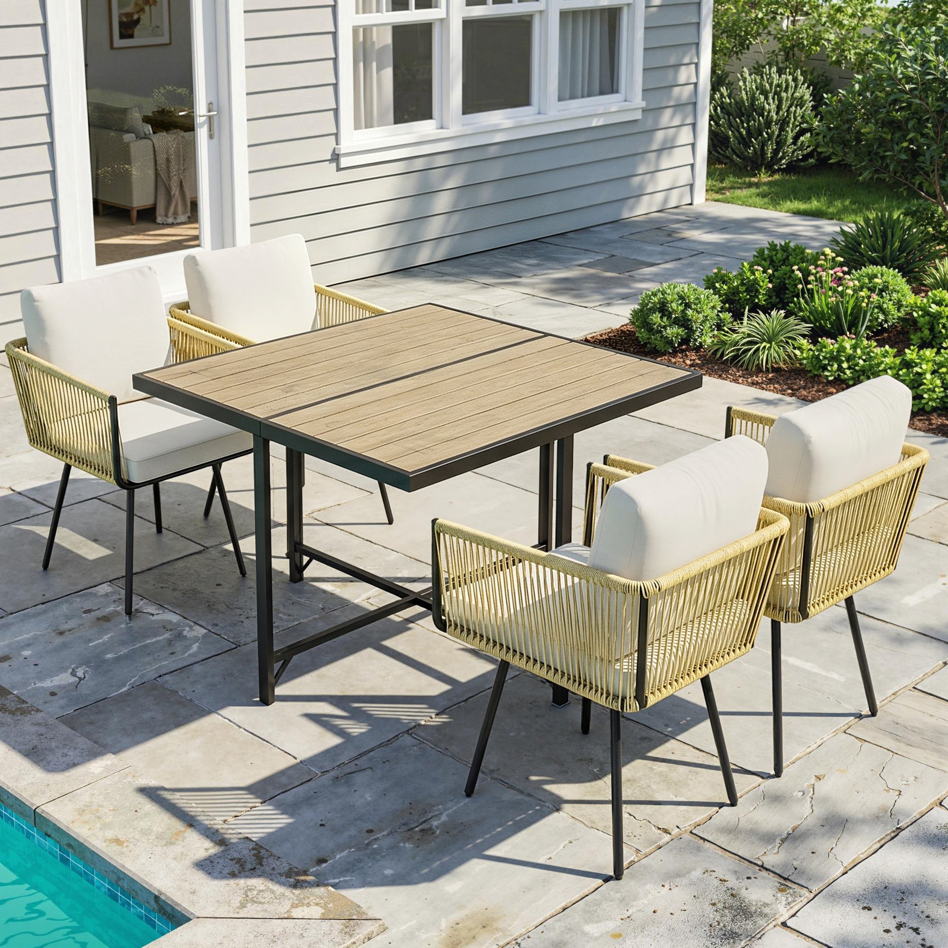 Outsunny Conjunto De Mesa Y Sillas Jardín De Ratán 5 Piezas Con Cojines Beige_1