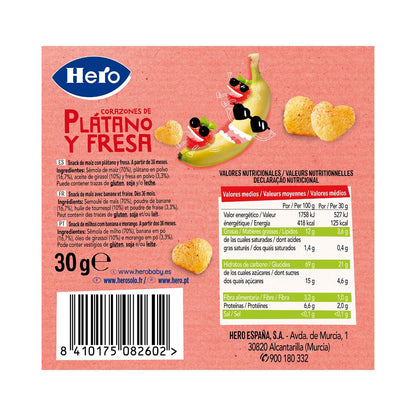 Snacks de Plátano y Fresa en forma de corazones 30 g. Hero-Kids