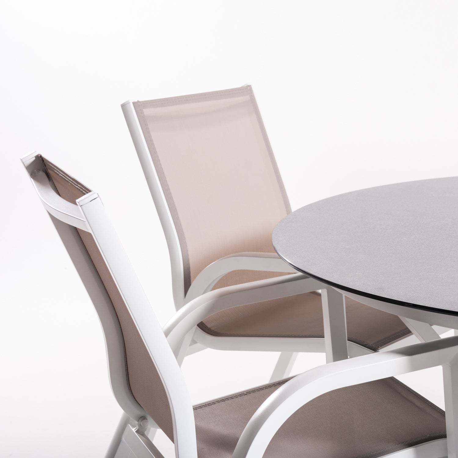 Conjunto De Mesas Y Sillas De Jardín, Redonda 130 Cm, Blanco, Cristal Templado + 6 Sillones Reforzados_3