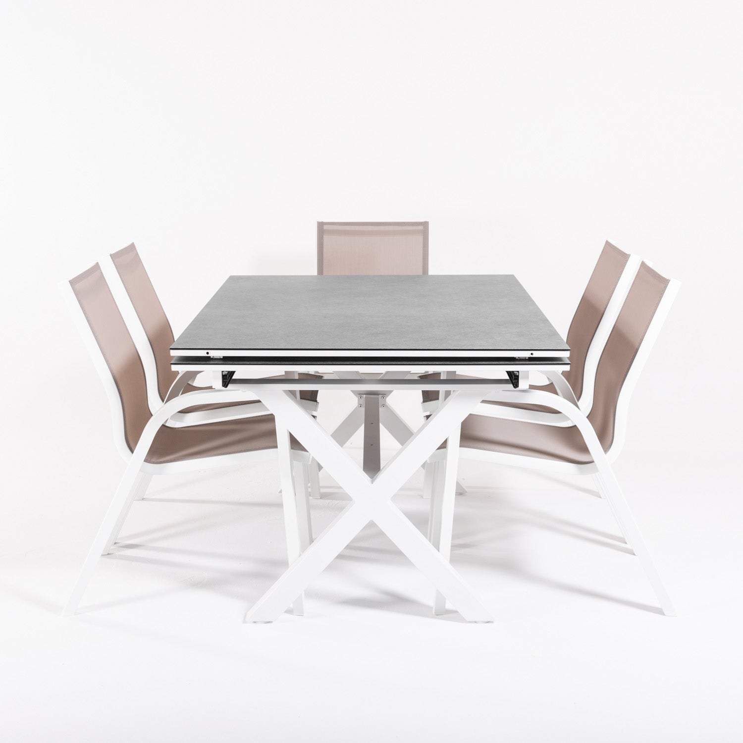 Conjunto De Mesas Y Sillas Reforzadas Para Terraza, Mesa Extensible 150 A 250 Cm, Aluminio Y Cristal, Color Blanco_3