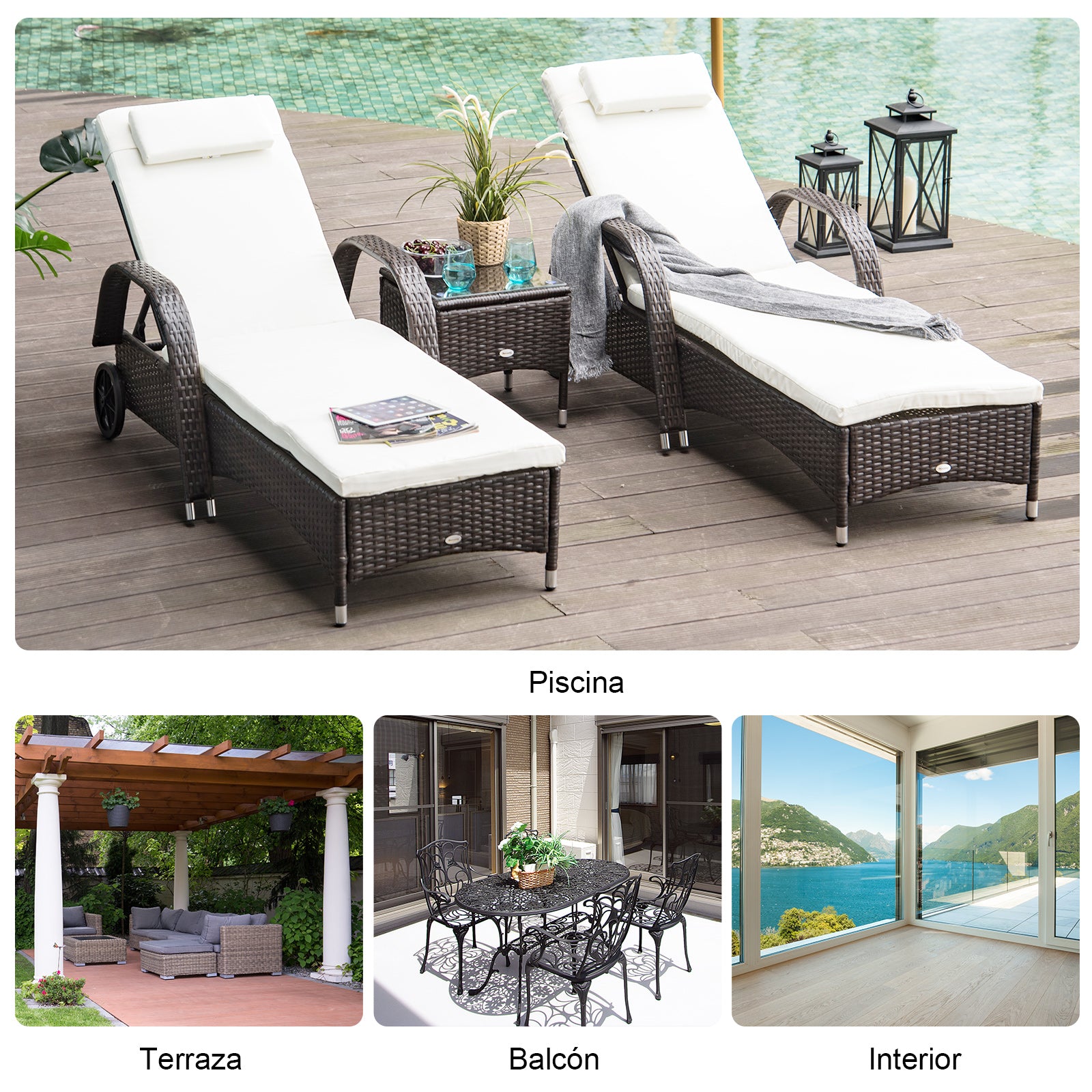 Outsunny Set 2 Tumbonas Con Respaldo Ajustable Y Mesa Para Jardín Marrón_5