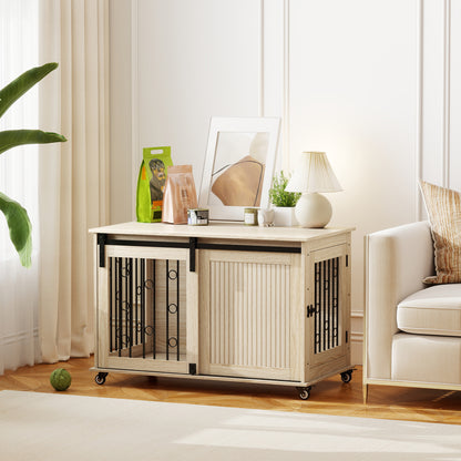 Pawhut Jaula Para Perros Mesa Auxiliar Con 2 Puertas Y Cierre 100x56x65 Cm Roble_1
