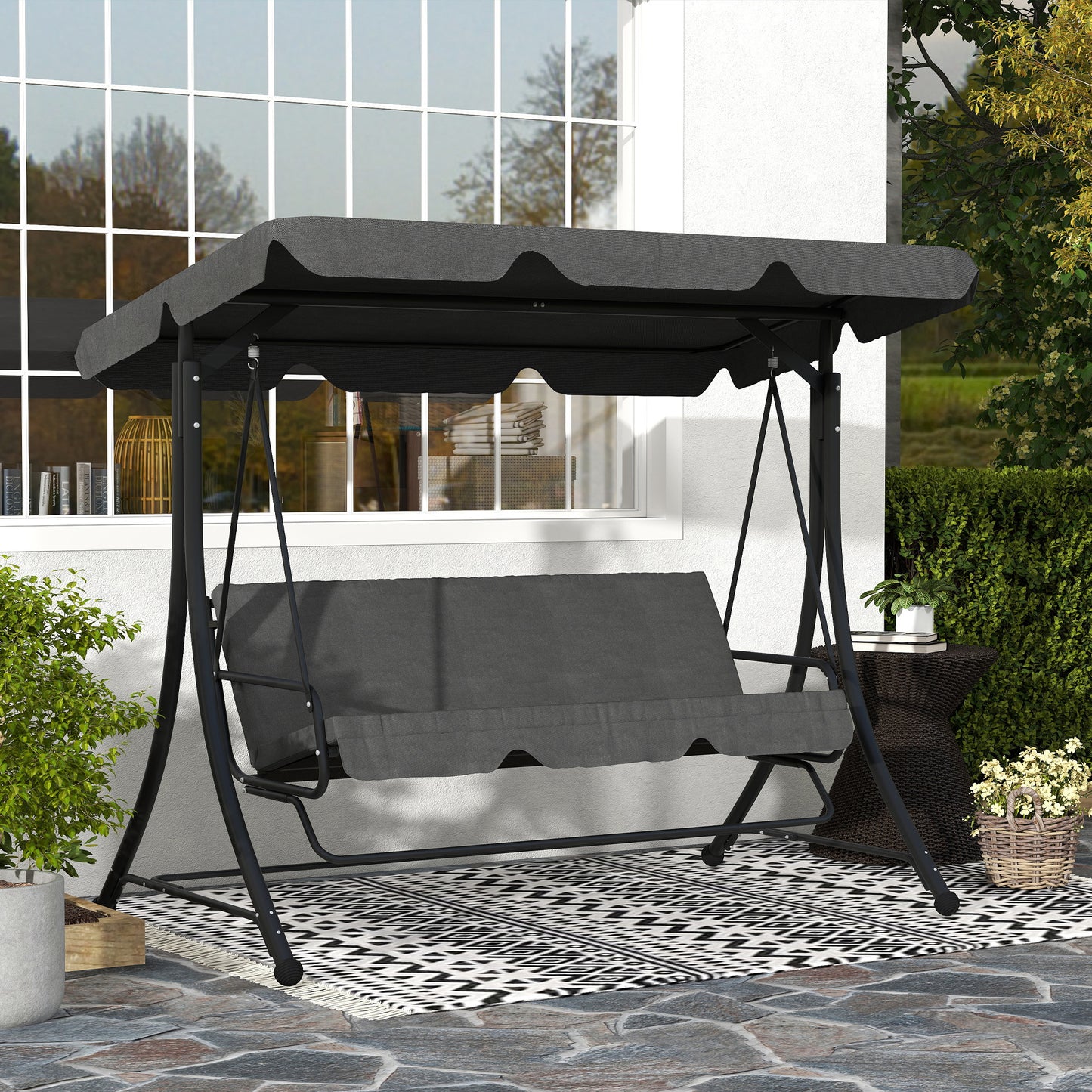 Outsunny Columpio De Jardín Exterior De 3 Plazas Con Toldo Ajustable Gris_1