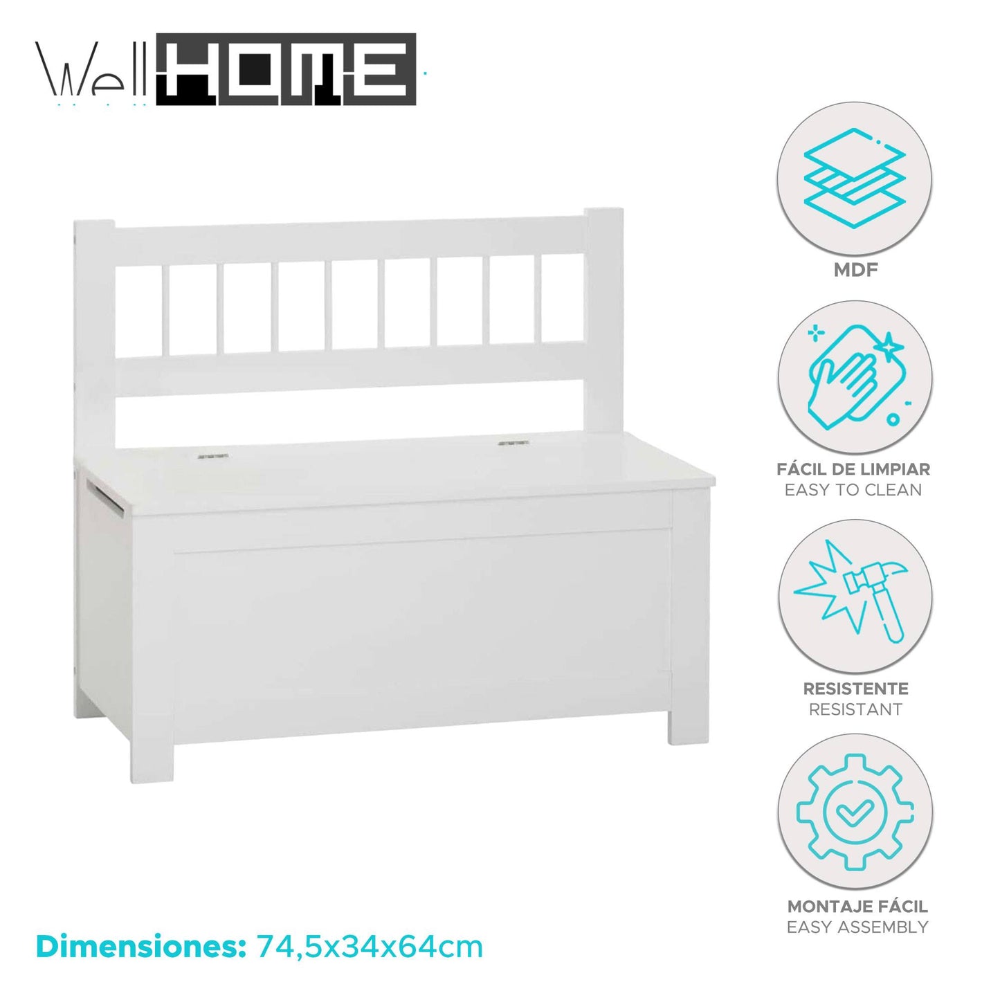 Well Home Banco De Almacenamiento Arcón Infantil De Madera Blanco - 74,5x34x64cm