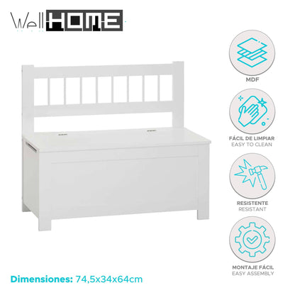 Well Home Banco De Almacenamiento Arcón Infantil De Madera Blanco - 74,5x34x64cm