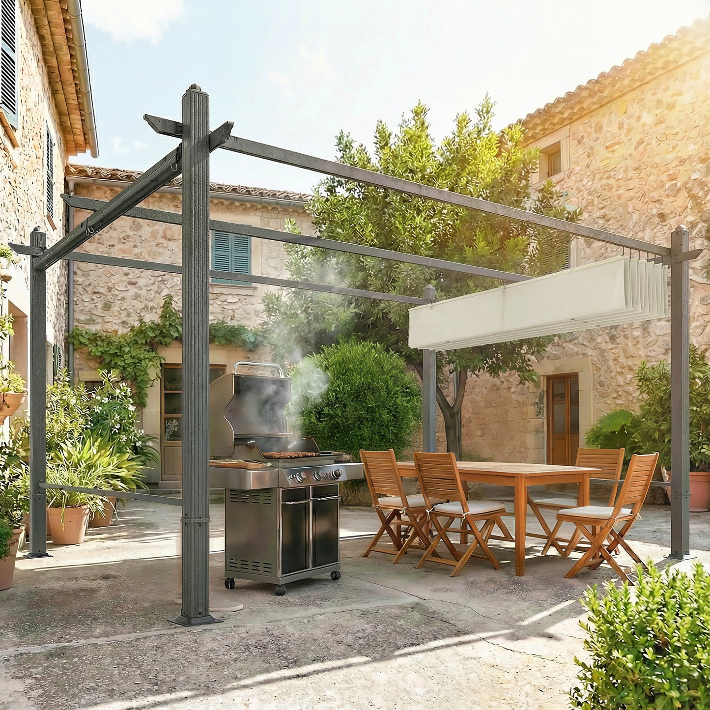 Outsunny Pérgola De Jardín 4x3 M Con Techo Retráctil Cortinas Automáticas Crema_4