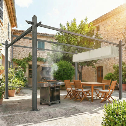 Outsunny Pérgola De Jardín 4x3 M Con Techo Retráctil Cortinas Automáticas Crema_4