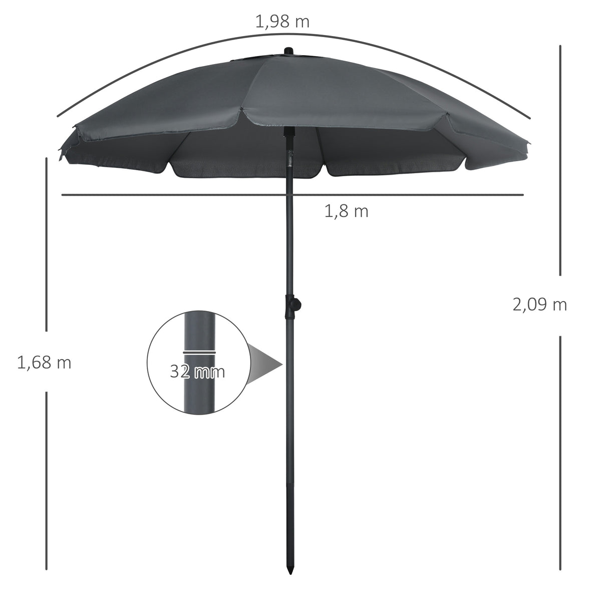 Sombrilla De Playa Outsunny Acero, Poliéster Gris Oscuro 180x180x209 Cm_2