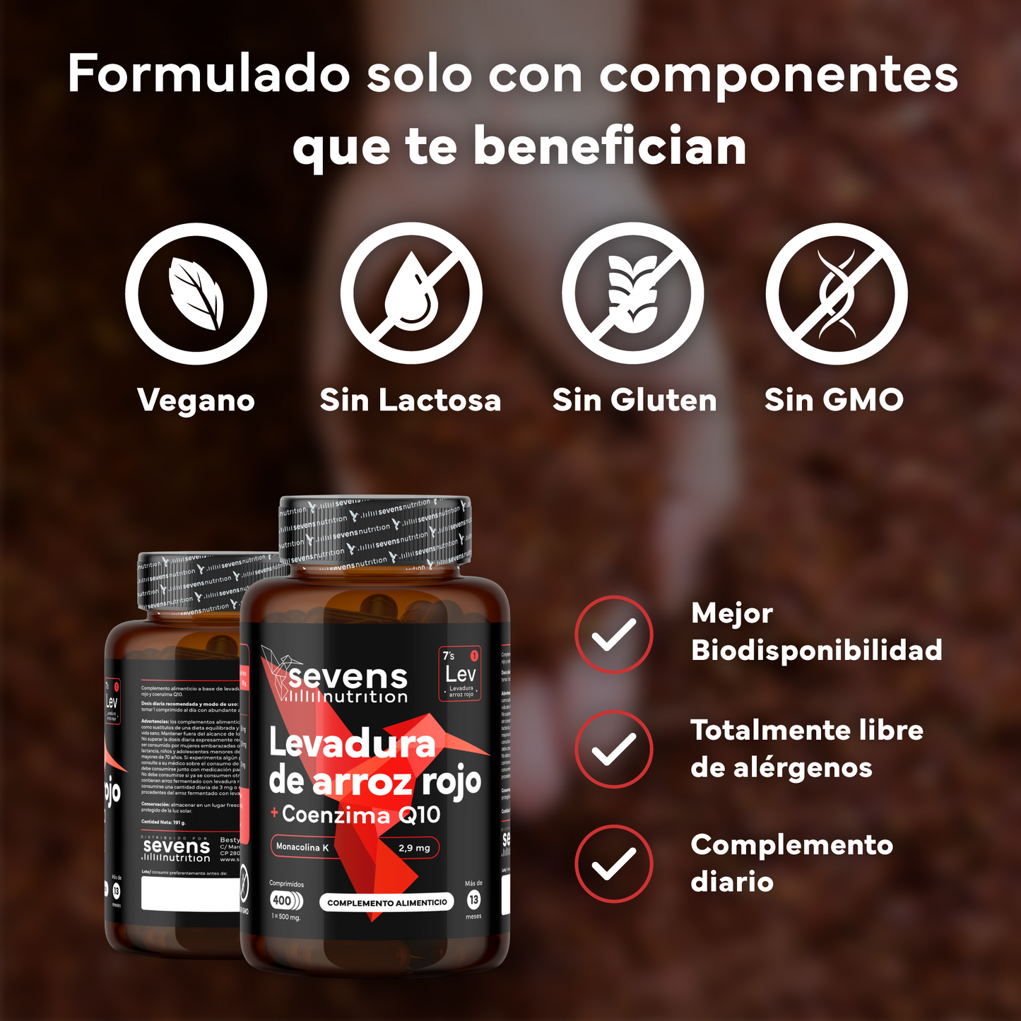 Levadura Arroz Rojo Sevens Nutrition. Con Monacolina K Y Coenzima Q10