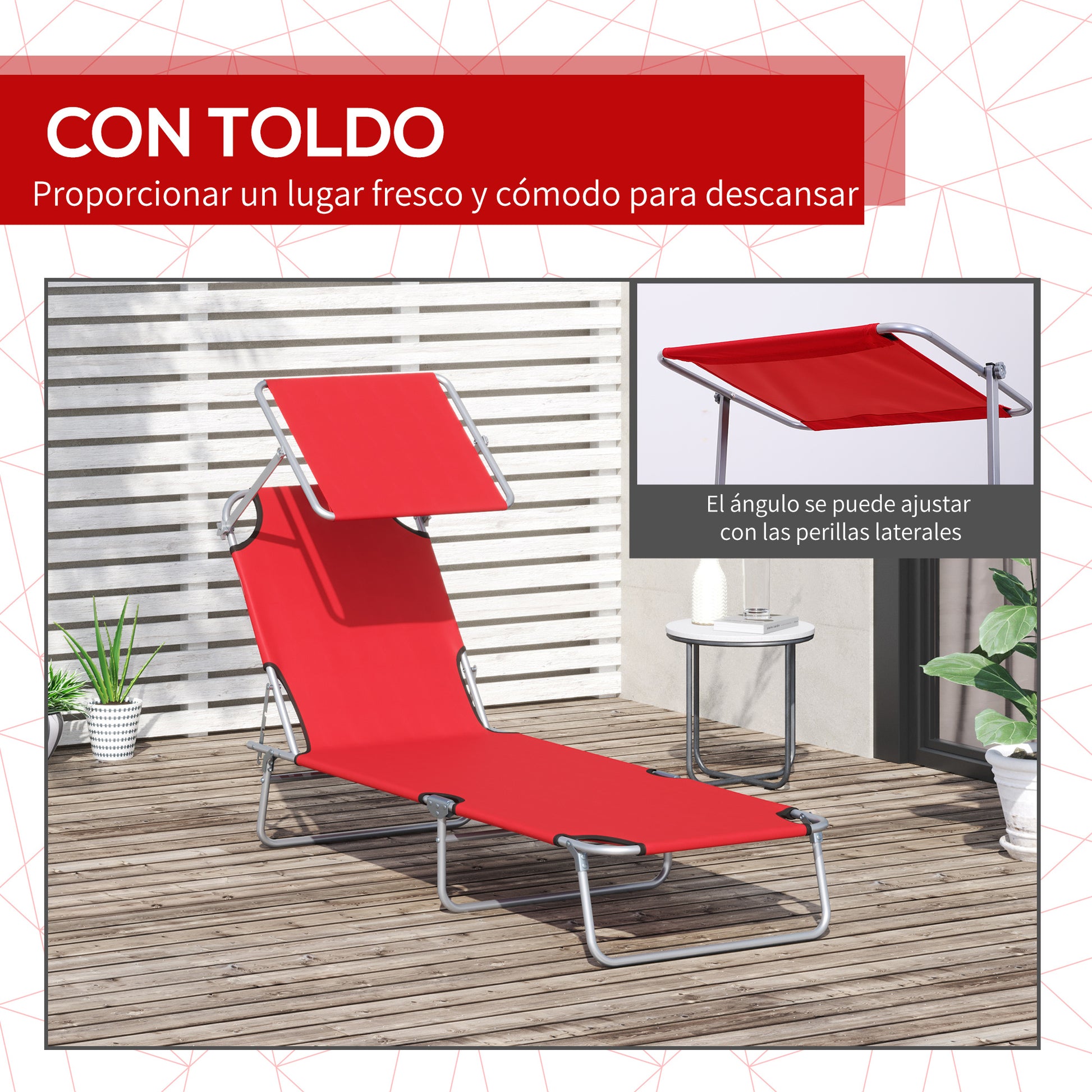 Outsunny Set De Tumbonsa Plegables Con Toldo Desmontable Respaldo Ajustable Rojo_5