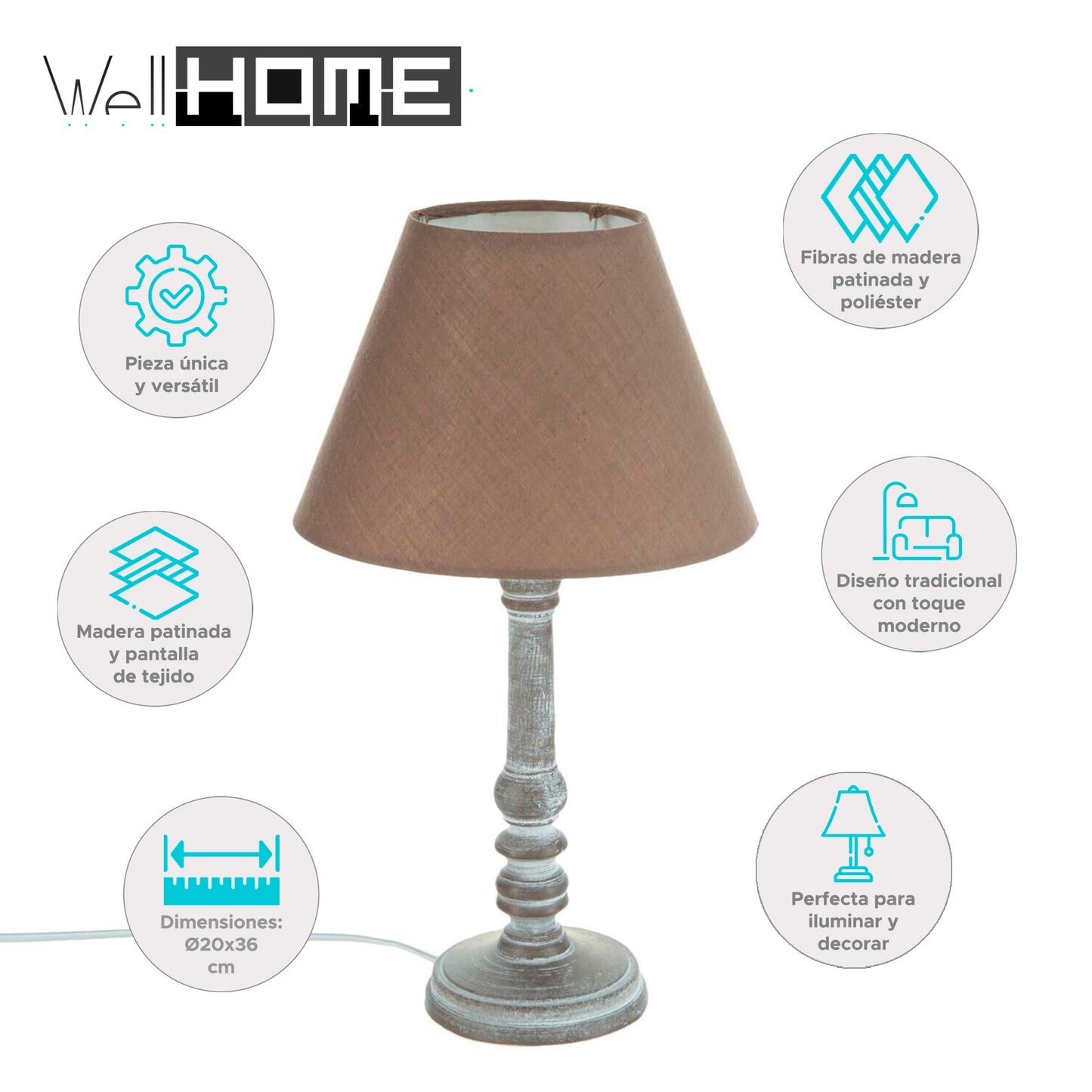 Well Home - Lámpara De Mesa De Madera Color Taupé Ø20x36cm