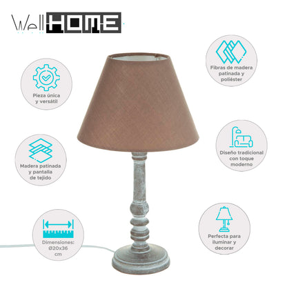 Well Home - Lámpara De Mesa De Madera Color Taupé Ø20x36cm