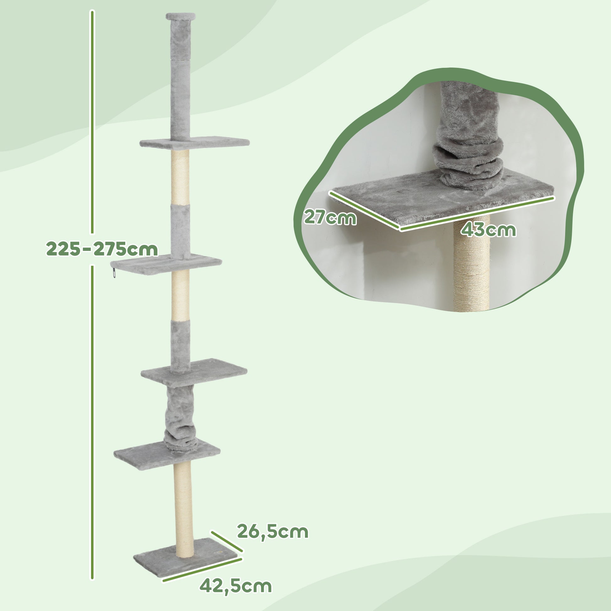 Pawhut Árbol Para Gatos De Suelo A Techo 225-275 Cm Con Plataformas Gris Claro_2