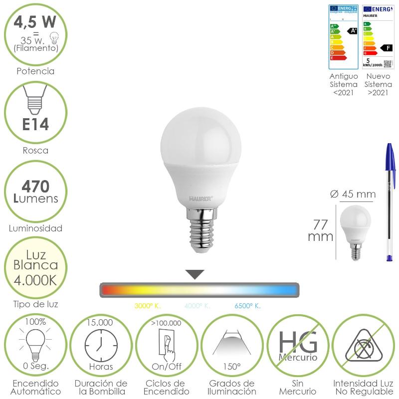 Bombilla Led Esferica Rosca E14 4.5 Watt. Equivale A 35 Watt. 470 Lumenes. Luz Neutra (4000º K)_0