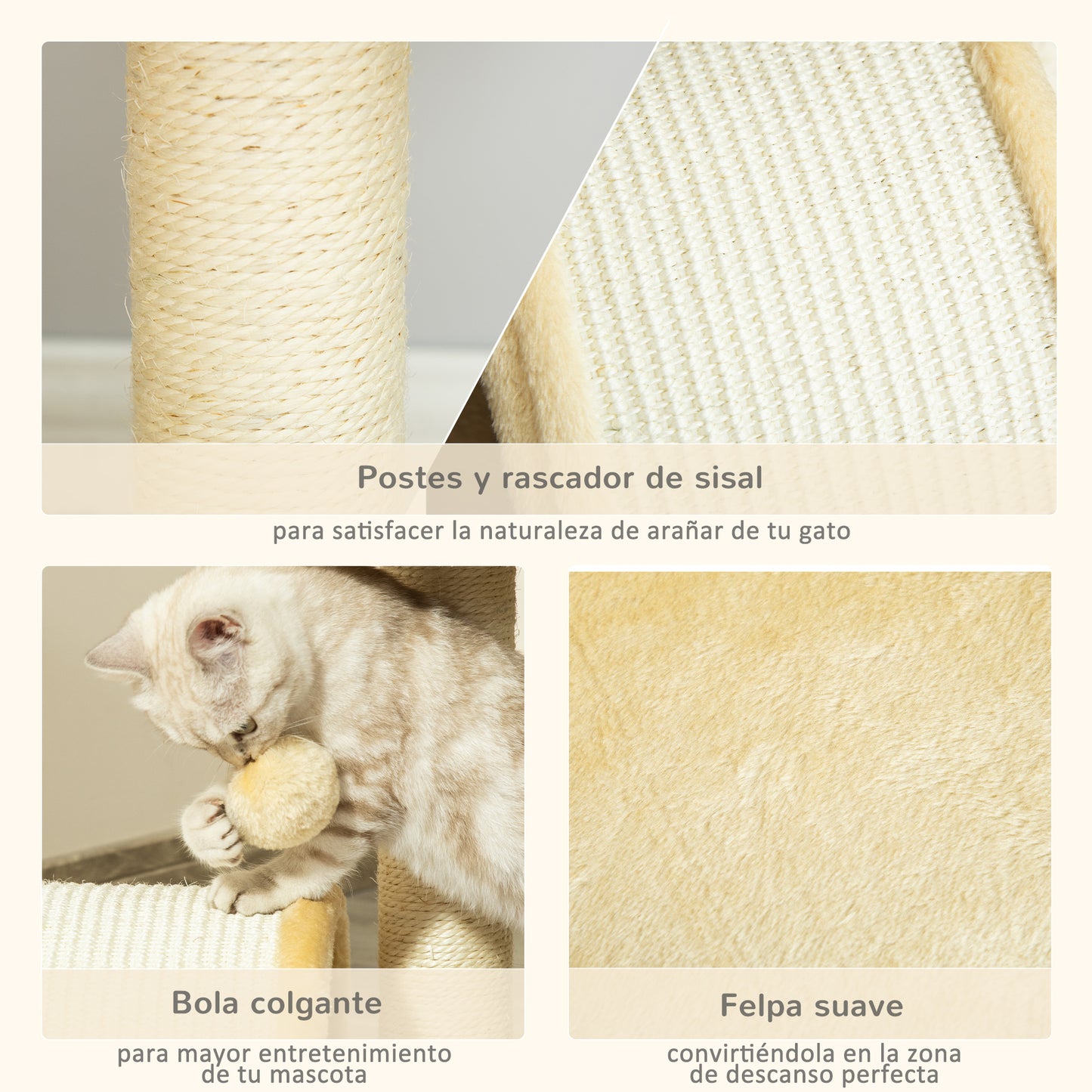 Pawhut Árbol Rascador Para Gatos 2 Niveles Con Poste Tablero Para Rascar Beige_4