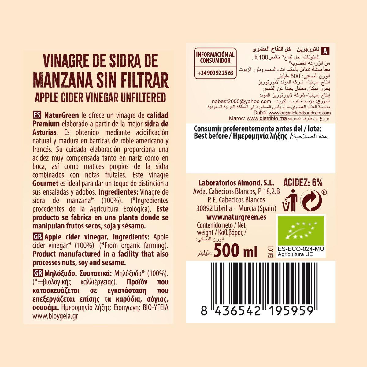 Pack 6x Vinagre de Sidra de Manzana Bio sin filtrar NaturGreen 500 ml