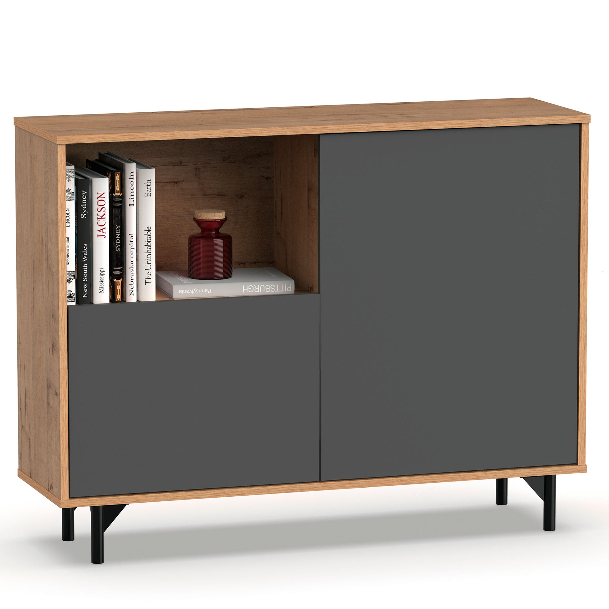 Aparador, Mueble Salón Auxiliar, Buffet, 2 Puertas, 1 Estante 86x112x33 Cm Recibidor Moderno, Briebe, Fokus, Gris